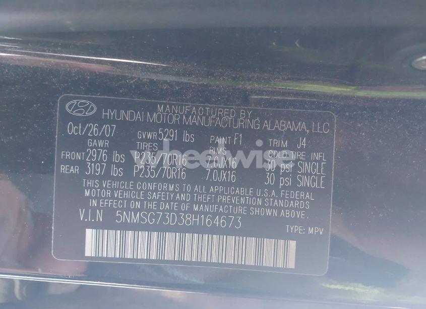 Photo 9 of 2008 Hyundai Santa FE GLS (VIN 5NMSG73D38H164673)
