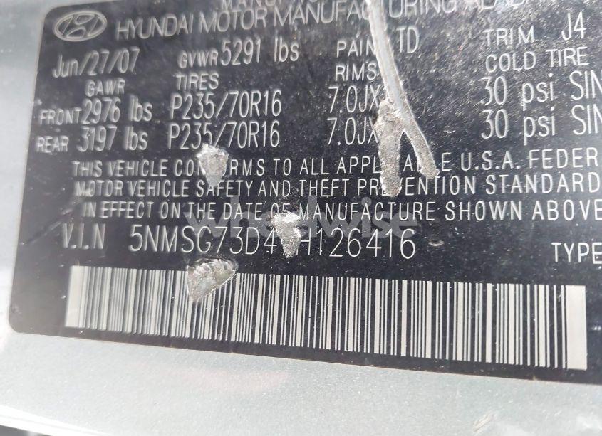 Photo 9 of 2007 Hyundai Santa FE GLS (VIN 5NMSG73D47H126416)