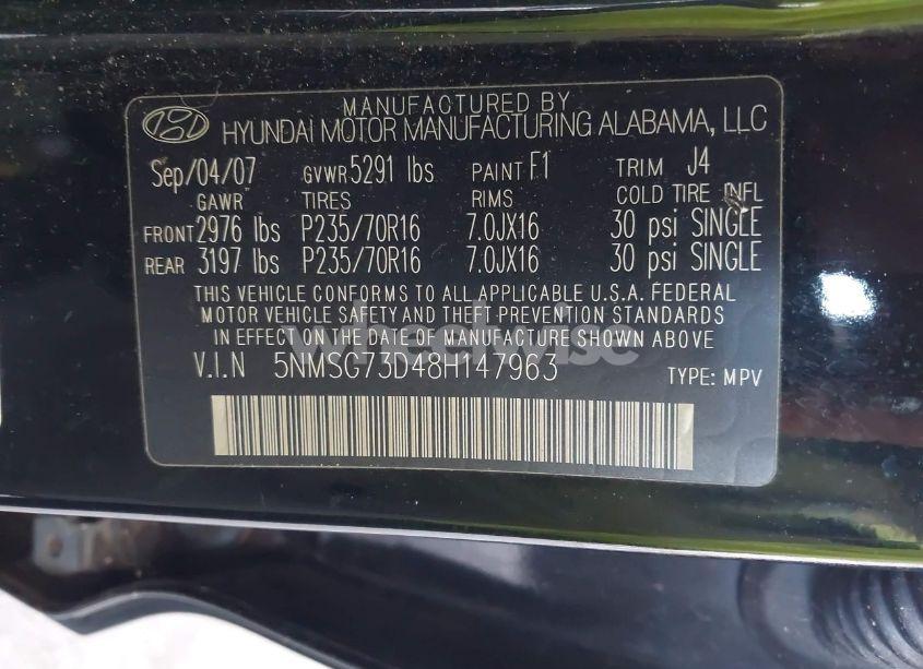 Photo 9 of 2008 Hyundai Santa FE GLS (VIN 5NMSG73D48H147963)