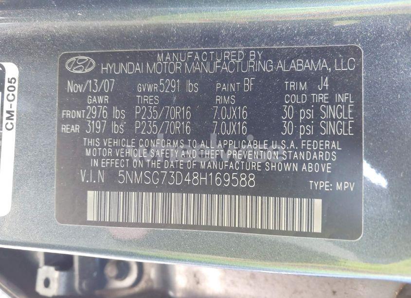 Photo 9 of 2008 Hyundai Santa FE GLS (VIN 5NMSG73D48H169588)