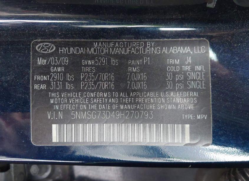 Photo 9 of 2009 Hyundai Santa FE GLS (VIN 5NMSG73D49H270793)