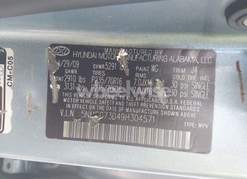 Photo 9 of 2009 Hyundai Santa FE GLS (VIN 5NMSG73D49H304571)