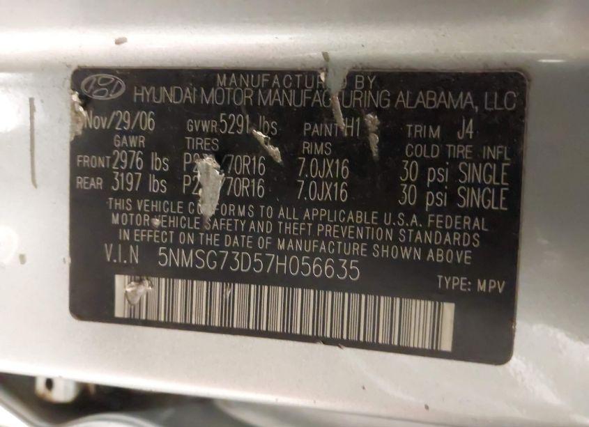 Photo 9 of 2007 Hyundai Santa FE GLS (VIN 5NMSG73D57H056635)