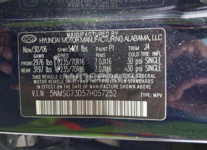 Photo 9 of 2007 Hyundai Santa FE GLS (VIN 5NMSG73D57H057252)