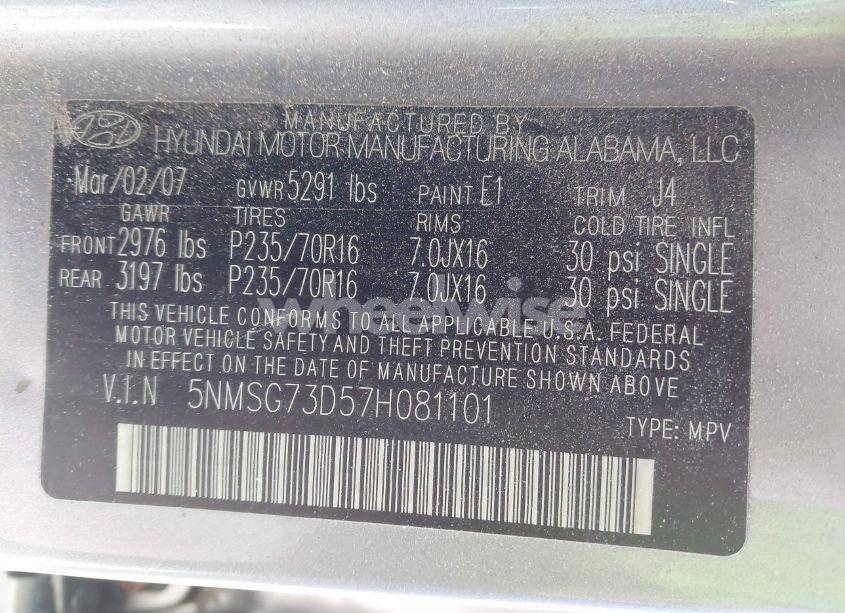 Photo 9 of 2007 Hyundai Santa FE GLS (VIN 5NMSG73D57H081101)