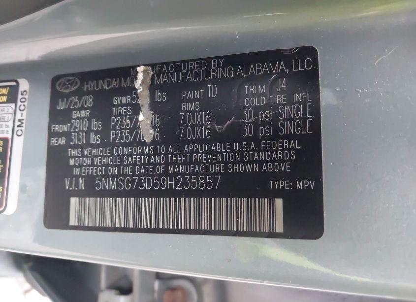 Photo 9 of 2009 Hyundai Santa FE GLS (VIN 5NMSG73D59H235857)