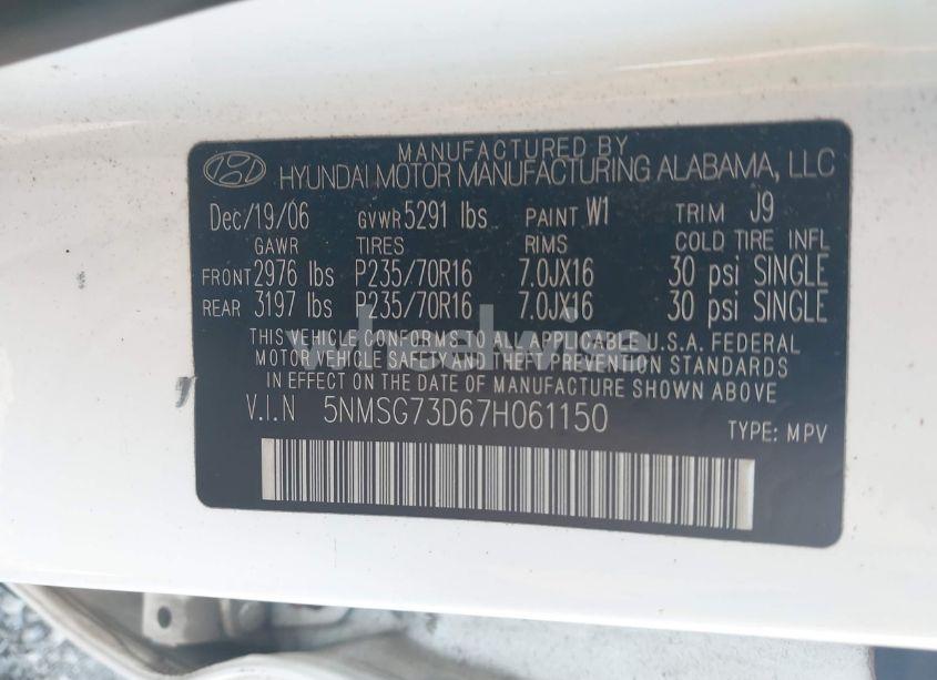 Photo 9 of 2007 Hyundai Santa FE GLS (VIN 5NMSG73D67H061150)