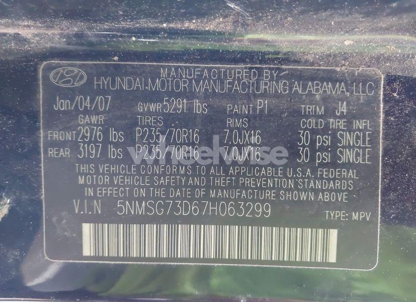 Photo 9 of 2007 Hyundai Santa FE GLS (VIN 5NMSG73D67H063299)