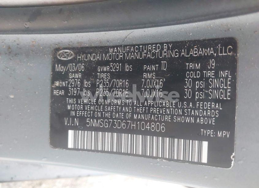 Photo 9 of 2007 Hyundai Santa FE GLS (VIN 5NMSG73D67H104806)