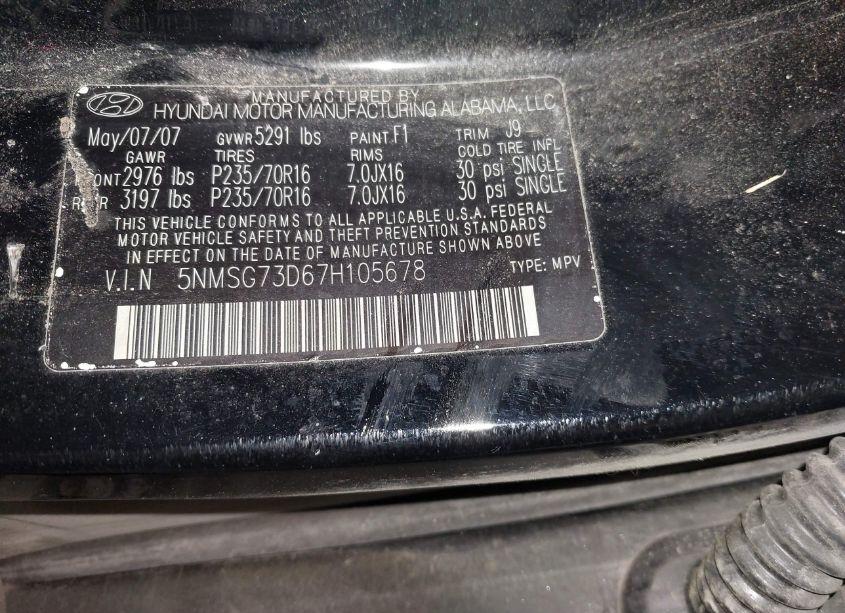 Photo 9 of 2007 Hyundai Santa FE GLS (VIN 5NMSG73D67H105678)