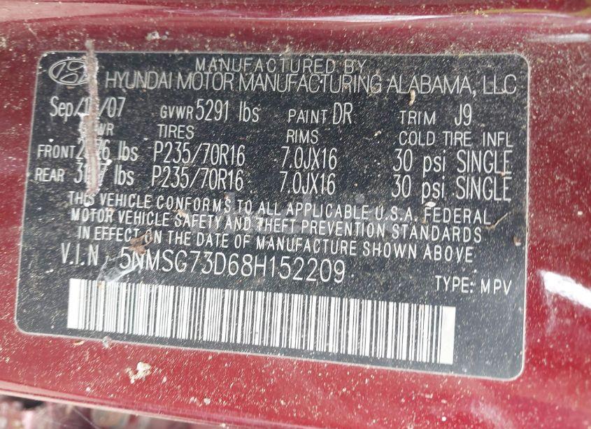 Photo 9 of 2008 Hyundai Santa FE GLS (VIN 5NMSG73D68H152209)