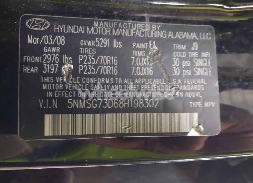 Photo 9 of 2008 Hyundai Santa FE GLS (VIN 5NMSG73D68H198302)