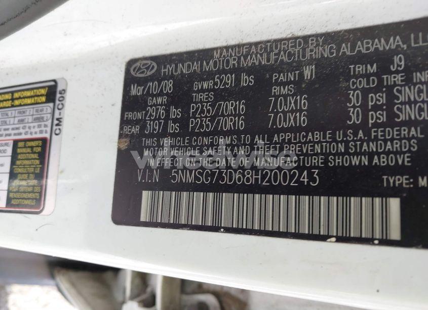 Photo 9 of 2008 Hyundai Santa FE GLS (VIN 5NMSG73D68H200243)