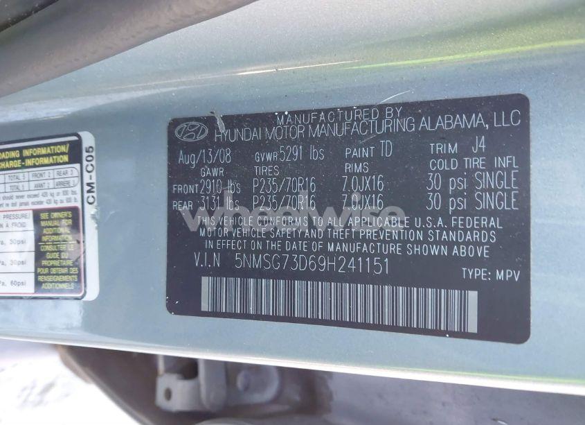 Photo 9 of 2009 Hyundai Santa FE GLS (VIN 5NMSG73D69H241151)