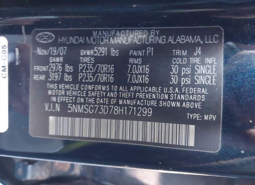 Photo 9 of 2008 Hyundai Santa FE GLS (VIN 5NMSG73D78H171299)