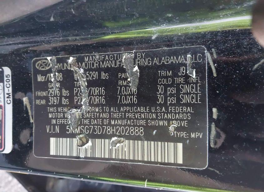 Photo 9 of 2008 Hyundai Santa FE GLS (VIN 5NMSG73D78H202888)