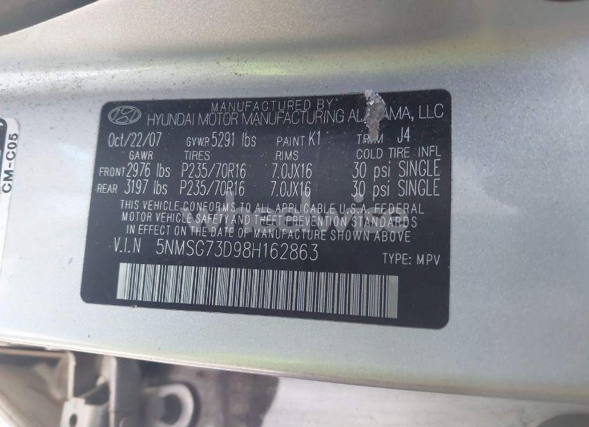 Photo 9 of 2008 Hyundai Santa FE GLS (VIN 5NMSG73D98H162863)