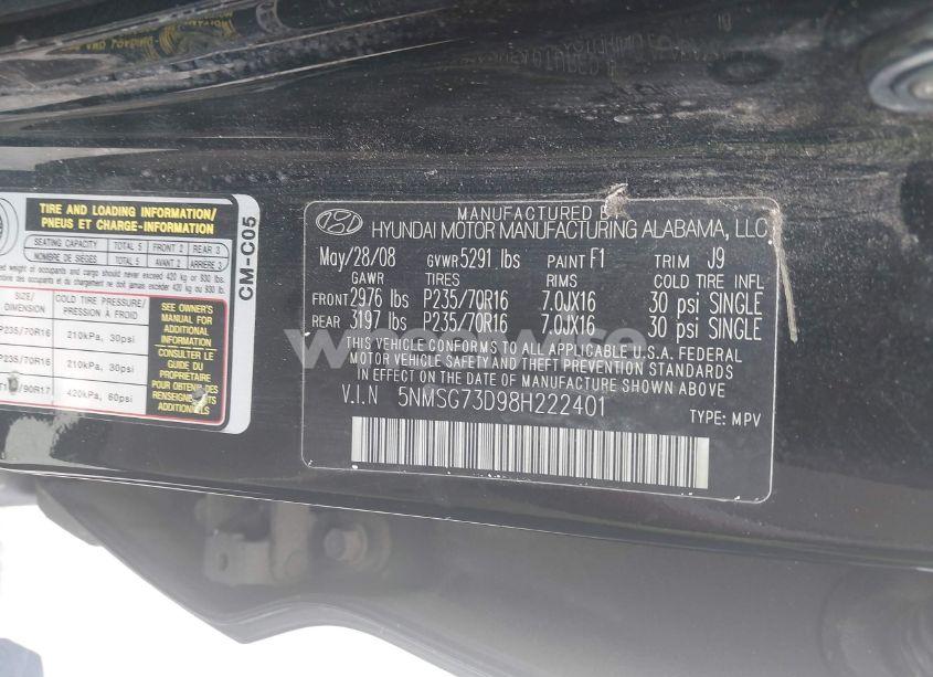 Photo 9 of 2008 Hyundai Santa FE GLS (VIN 5NMSG73D98H222401)