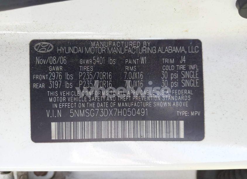 Photo 9 of 2007 Hyundai Santa FE GLS (VIN 5NMSG73DX7H050491)