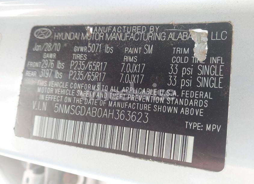 Photo 9 of 2010 Hyundai Santa FE GLS (VIN 5NMSGDAB0AH363623)