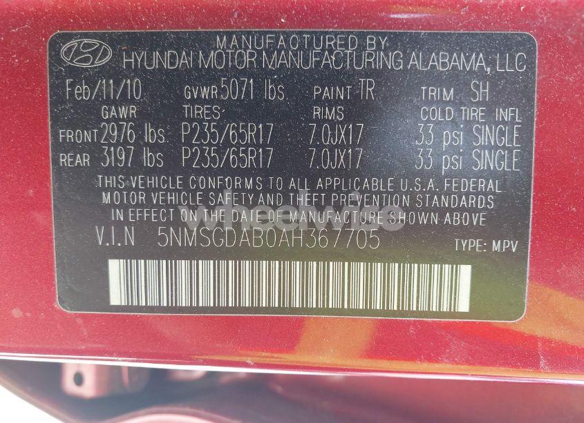 Photo 9 of 2010 Hyundai Santa FE GLS (VIN 5NMSGDAB0AH367705)