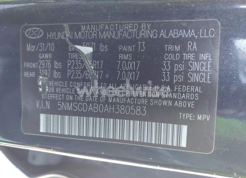 Photo 9 of 2010 Hyundai Santa FE GLS (VIN 5NMSGDAB0AH380583)