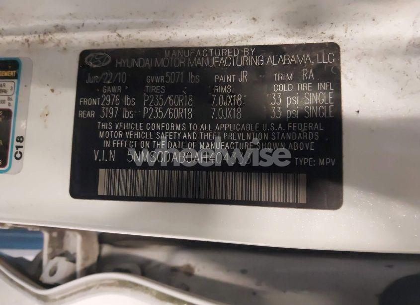 Photo 9 of 2010 Hyundai Santa FE GLS (VIN 5NMSGDAB0AH404333)