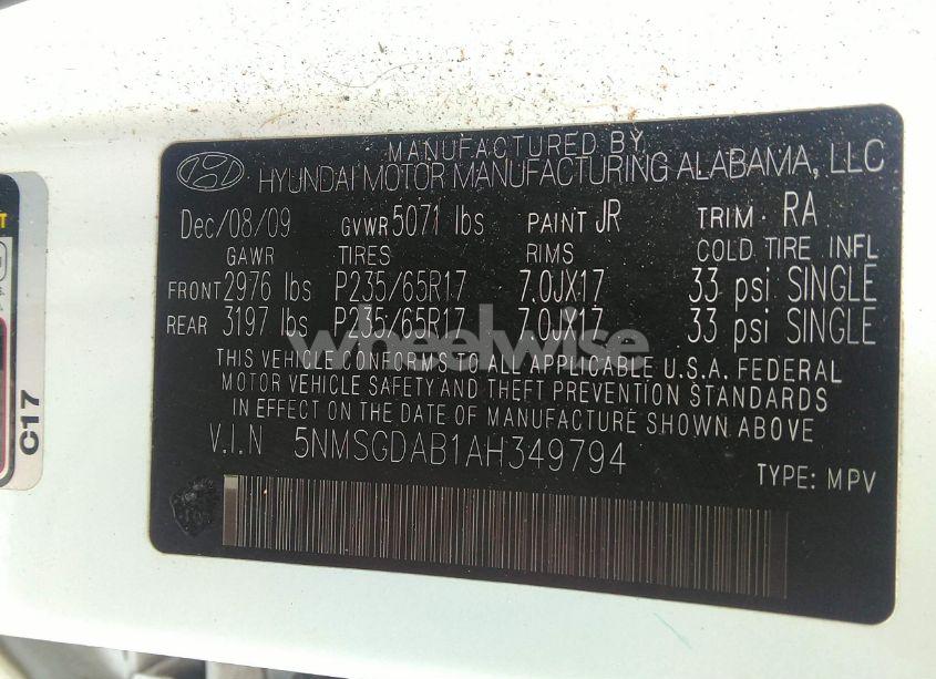 Photo 9 of 2010 Hyundai Santa FE GLS (VIN 5NMSGDAB1AH349794)