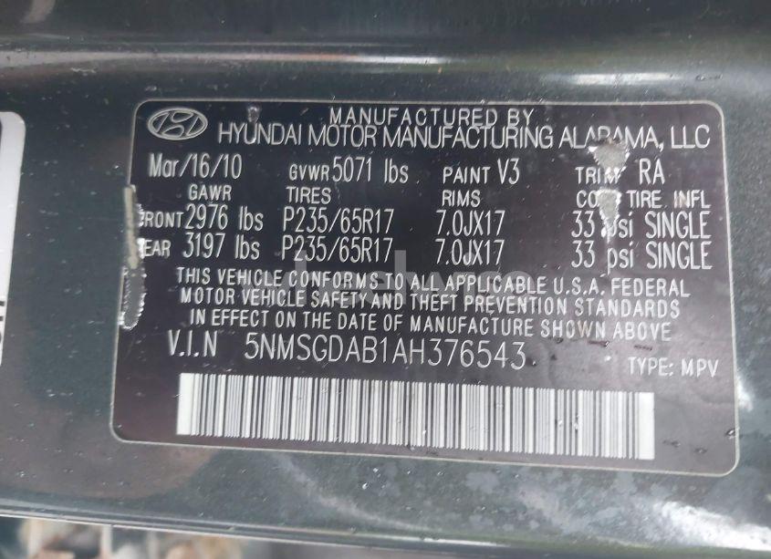 Photo 9 of 2010 Hyundai Santa FE GLS (VIN 5NMSGDAB1AH376543)