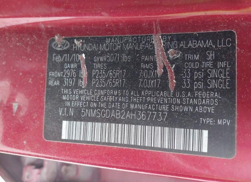 Photo 9 of 2010 Hyundai Santa FE GLS (VIN 5NMSGDAB2AH367737)