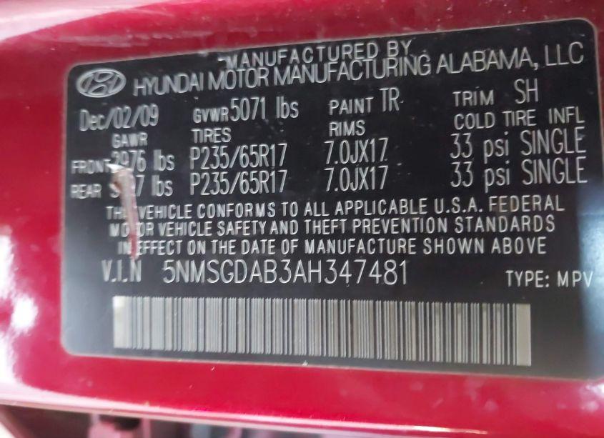 Photo 9 of 2010 Hyundai Santa FE GLS (VIN 5NMSGDAB3AH347481)