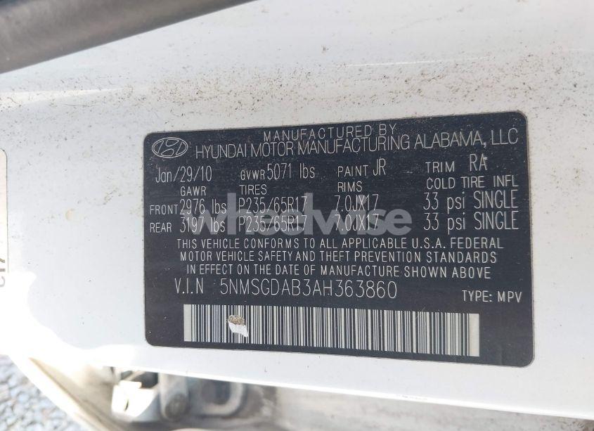 Photo 9 of 2010 Hyundai Santa FE GLS (VIN 5NMSGDAB3AH363860)