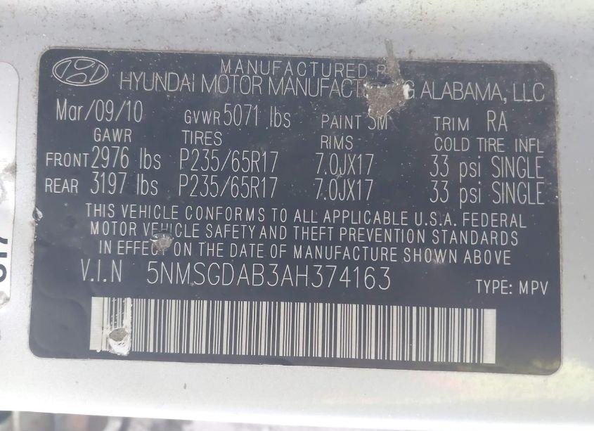 Photo 9 of 2010 Hyundai Santa FE GLS (VIN 5NMSGDAB3AH374163)