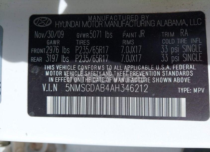 Photo 9 of 2010 Hyundai Santa FE GLS (VIN 5NMSGDAB4AH346212)