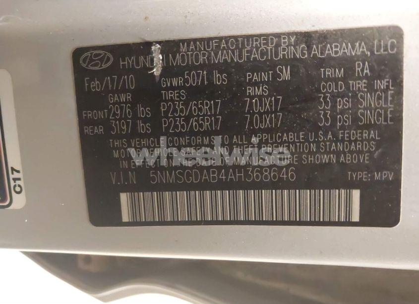 Photo 9 of 2010 Hyundai Santa FE GLS (VIN 5NMSGDAB4AH368646)