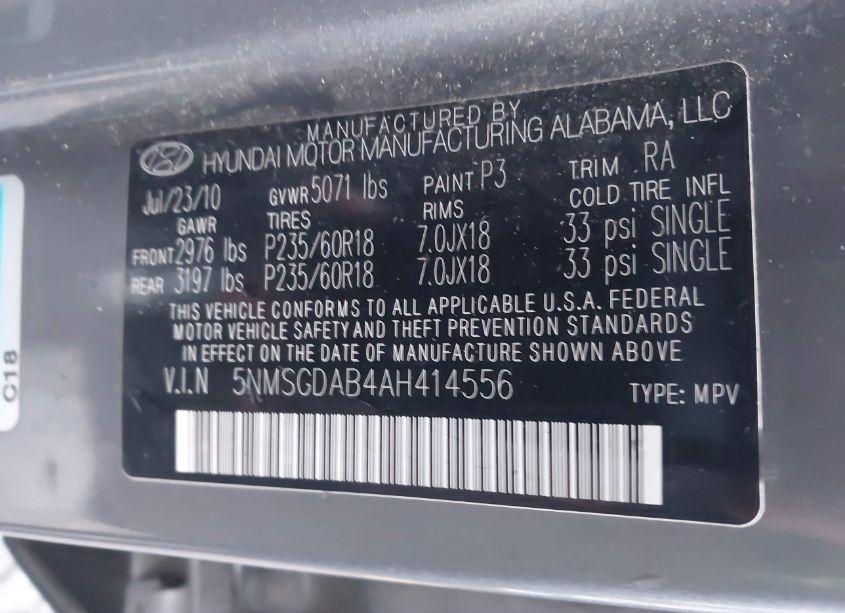 Photo 9 of 2010 Hyundai Santa FE GLS (VIN 5NMSGDAB4AH414556)