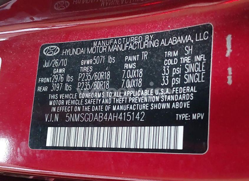 Photo 9 of 2010 Hyundai Santa FE GLS (VIN 5NMSGDAB4AH415142)