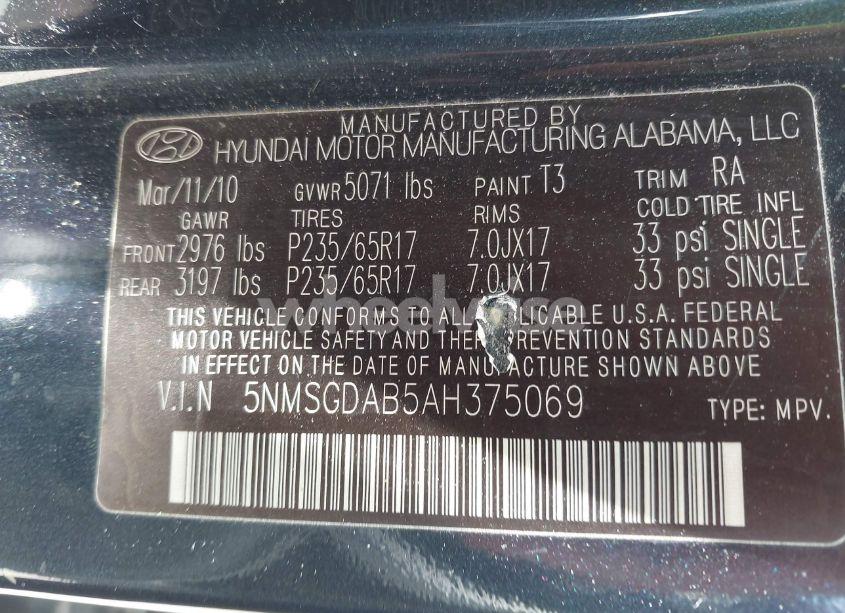 Photo 9 of 2010 Hyundai Santa FE GLS (VIN 5NMSGDAB5AH375069)