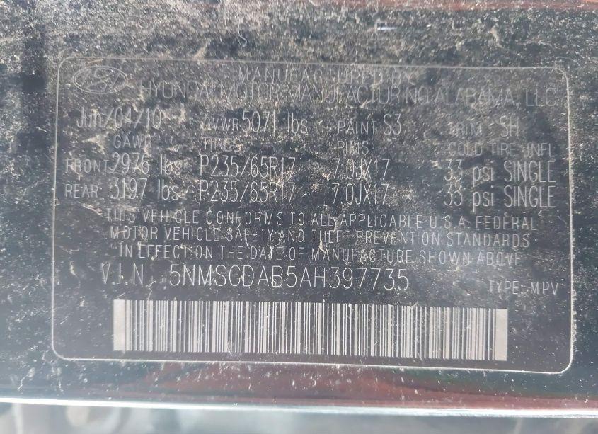 Photo 9 of 2010 Hyundai Santa FE GLS (VIN 5NMSGDAB5AH397735)