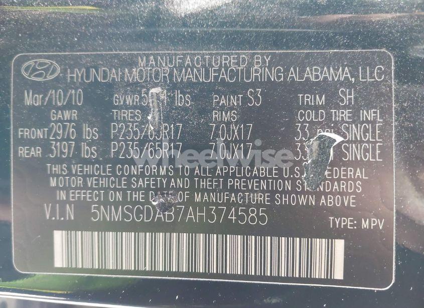 Photo 9 of 2010 Hyundai Santa FE GLS (VIN 5NMSGDAB7AH374585)