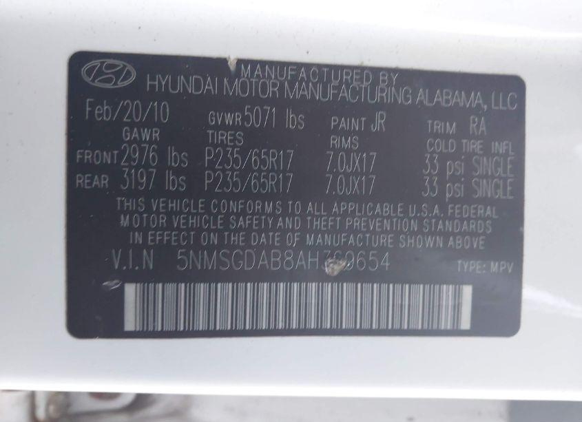 Photo 9 of 2010 Hyundai Santa FE GLS (VIN 5NMSGDAB8AH369654)