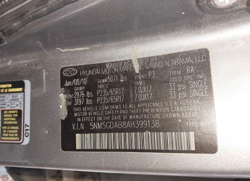 Photo 9 of 2010 Hyundai Santa FE GLS (VIN 5NMSGDAB8AH399138)