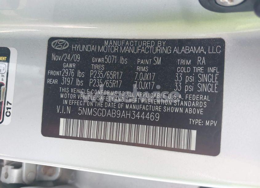 Photo 9 of 2010 Hyundai Santa FE GLS (VIN 5NMSGDAB9AH344469)