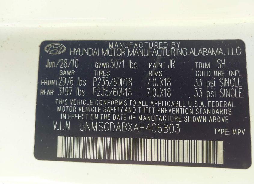 Photo 9 of 2010 Hyundai Santa FE GLS (VIN 5NMSGDABXAH406803)