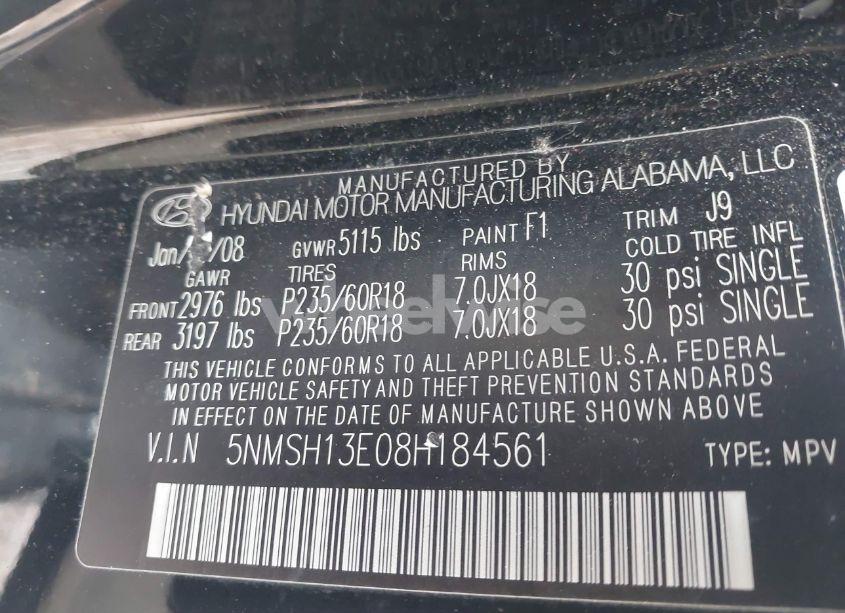 Photo 9 of 2008 Hyundai Santa FE LIMITED/SE (VIN 5NMSH13E08H184561)