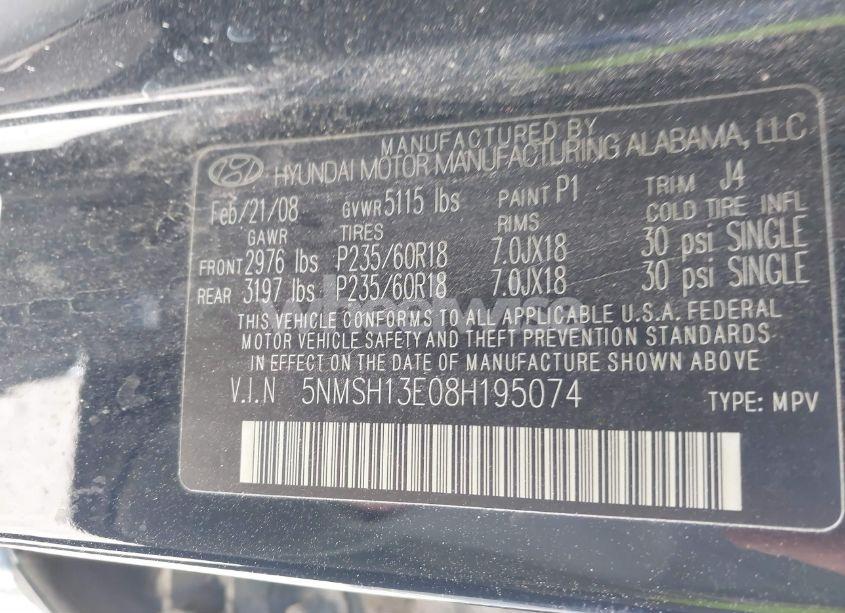 Photo 9 of 2008 Hyundai Santa FE LIMITED/SE (VIN 5NMSH13E08H195074)