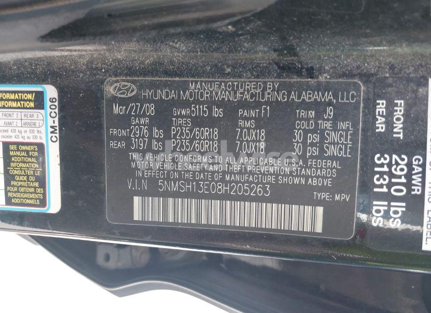 Photo 9 of 2008 Hyundai Santa FE LIMITED/SE (VIN 5NMSH13E08H205263)