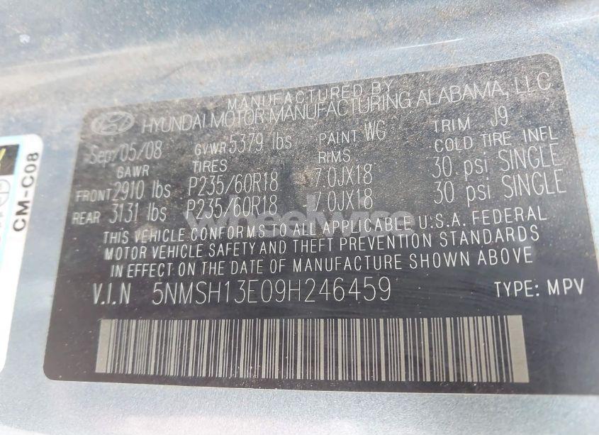 Photo 9 of 2009 Hyundai Santa FE LIMITED (VIN 5NMSH13E09H246459)