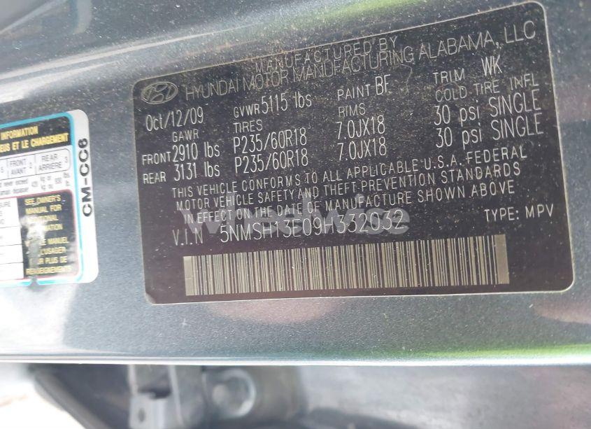 Photo 9 of 2009 Hyundai Santa FE LIMITED (VIN 5NMSH13E09H332032)