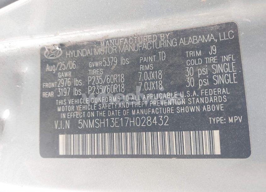 Photo 9 of 2007 Hyundai Santa FE LIMITED/SE (VIN 5NMSH13E17H028432)